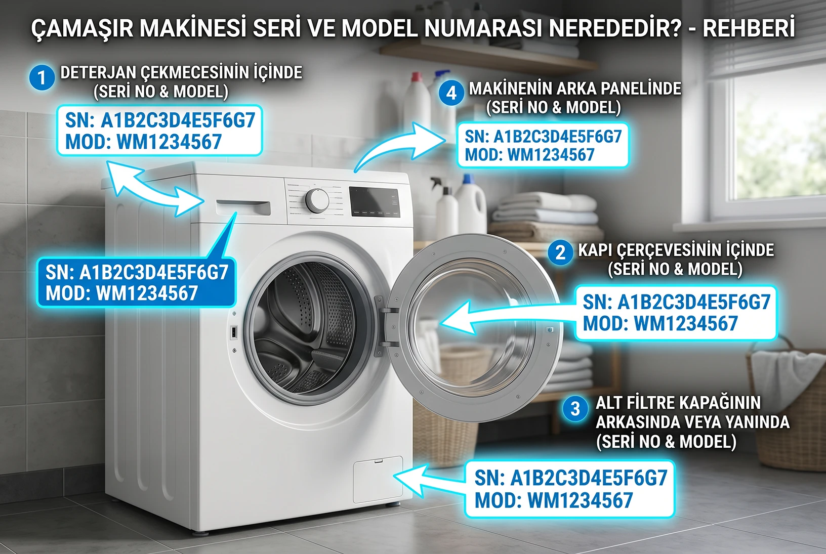 Çamaşır makinesinde model numarası nerede?