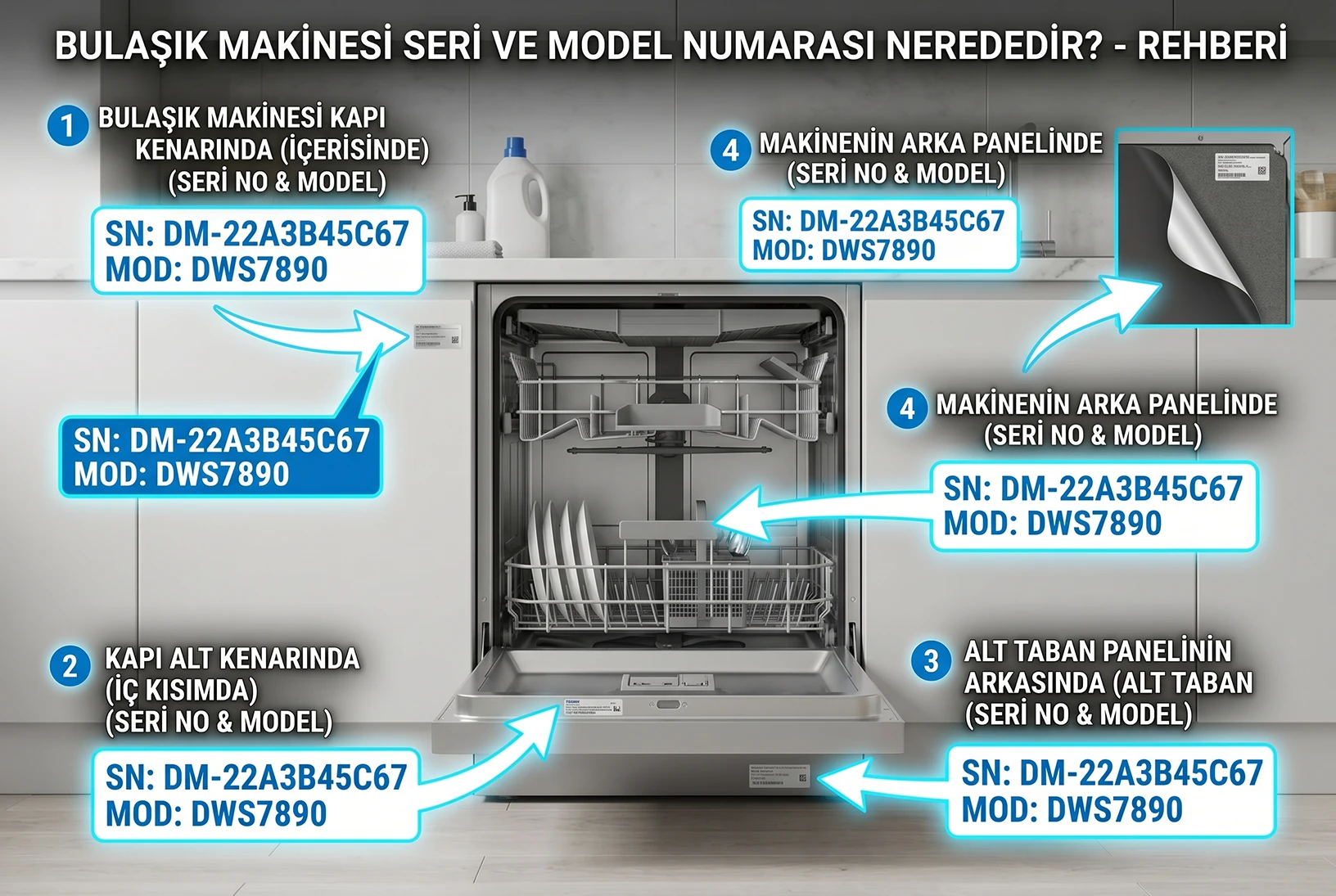 Bulaşık makinesinde model numarası nerede?