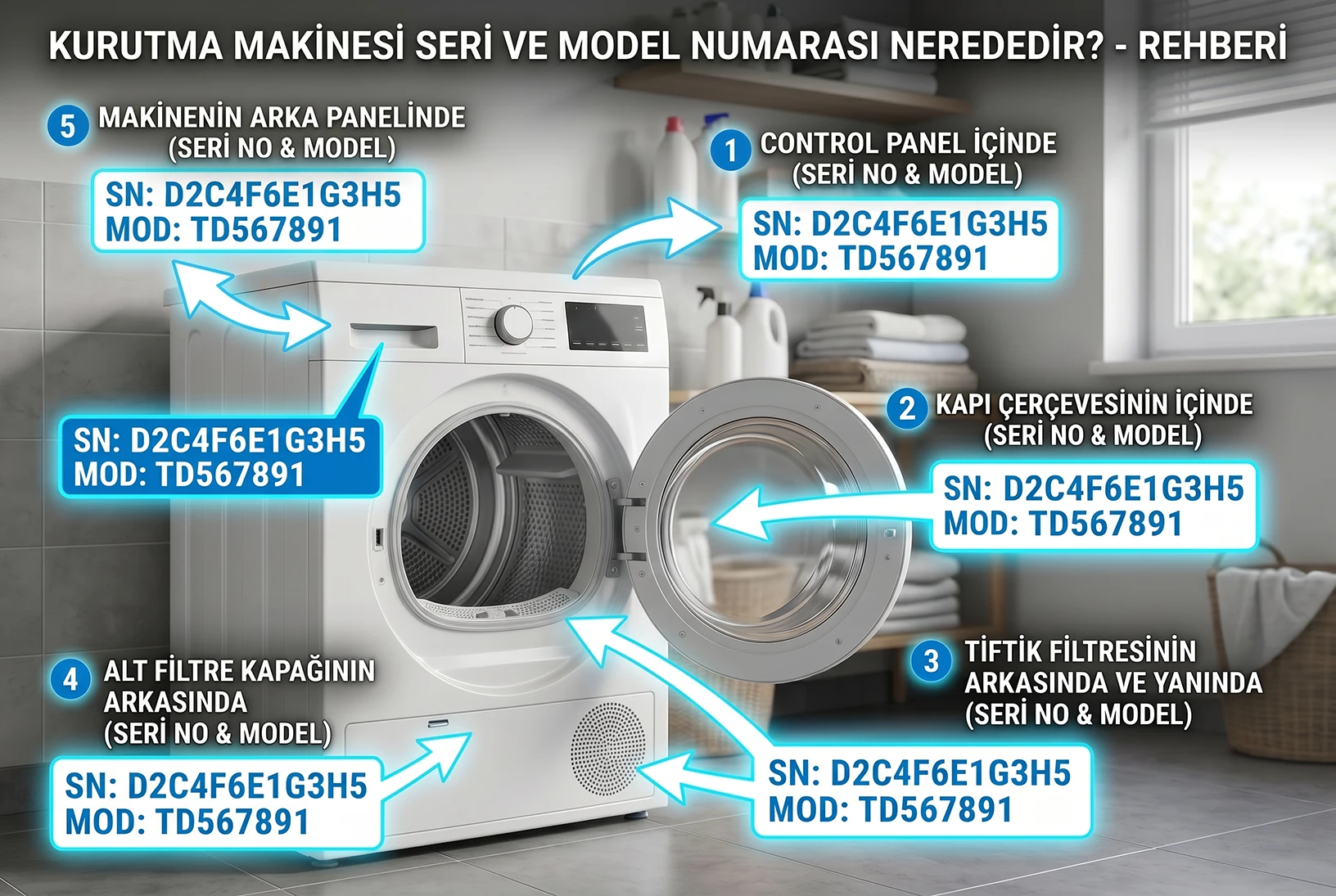 Kurutma makinesinde model numarası nerede?