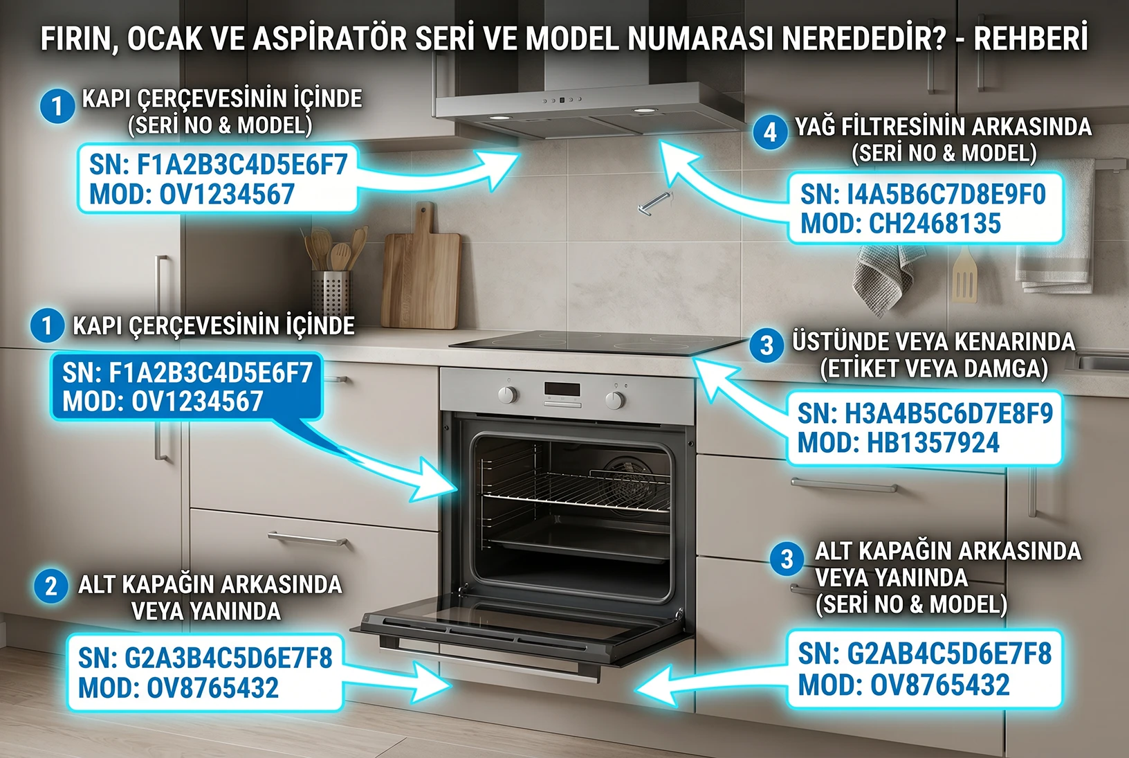 Fırın, ocak ve aspiratörde model numarası nerede?