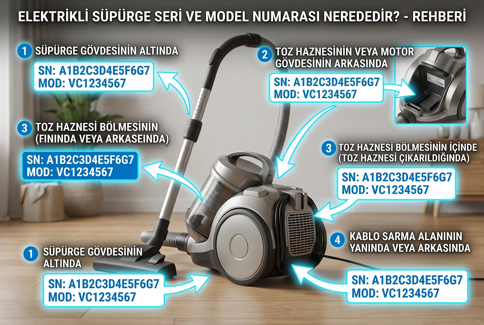 Elektrikli süpürgede model numarası nerede?