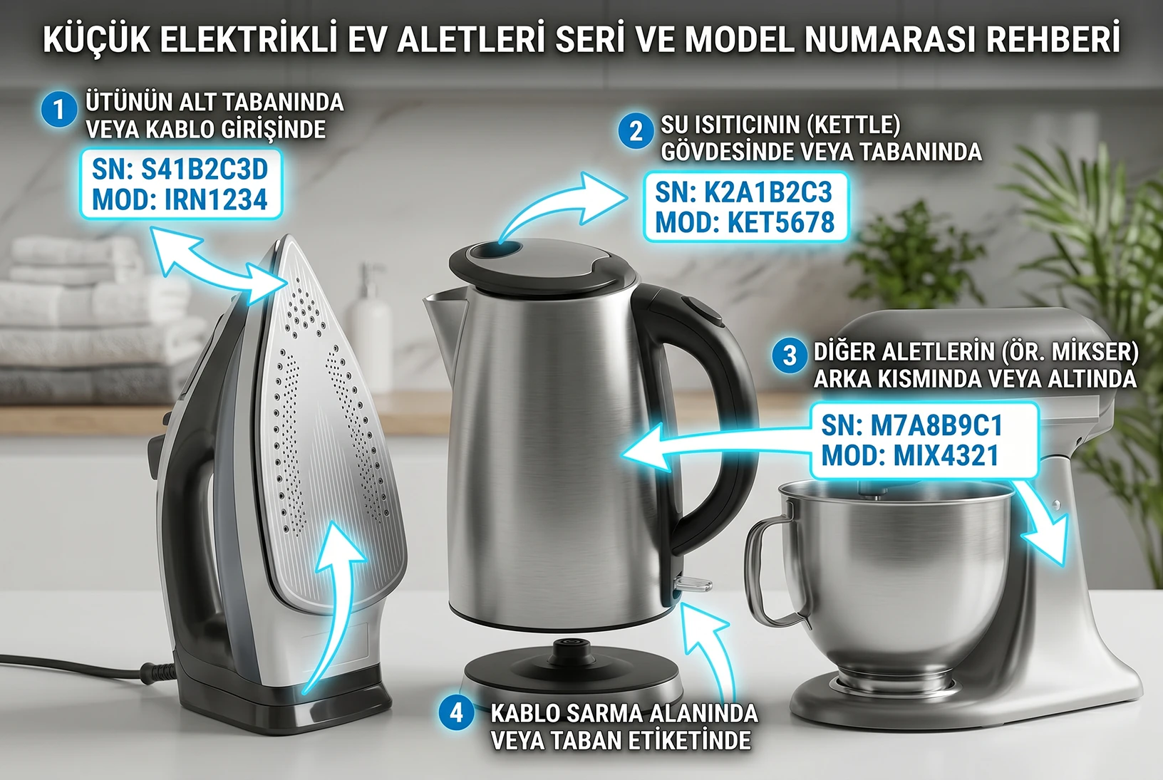 Ütü, kettle ve diğer küçük cihazlarda model numarası nerede?